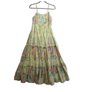 Banjanan Hazel Dress Womens S Green Floral Tiered Maxi Cotton Smocked Cottage
